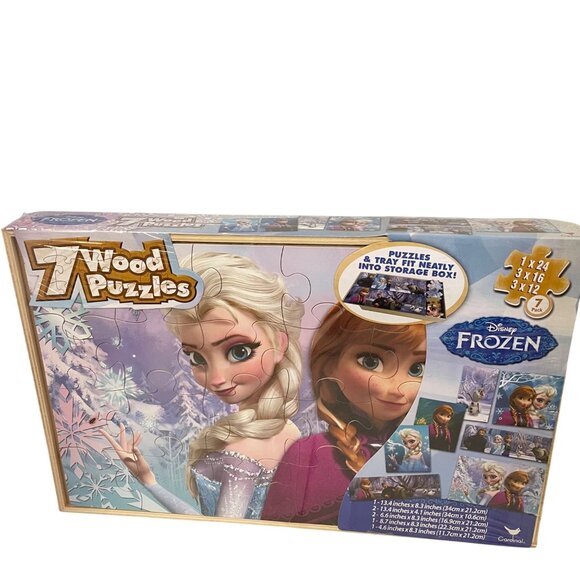 Disney Frozen 7 Wood Puzzles Set With Storage Box - Picture 1 of 5